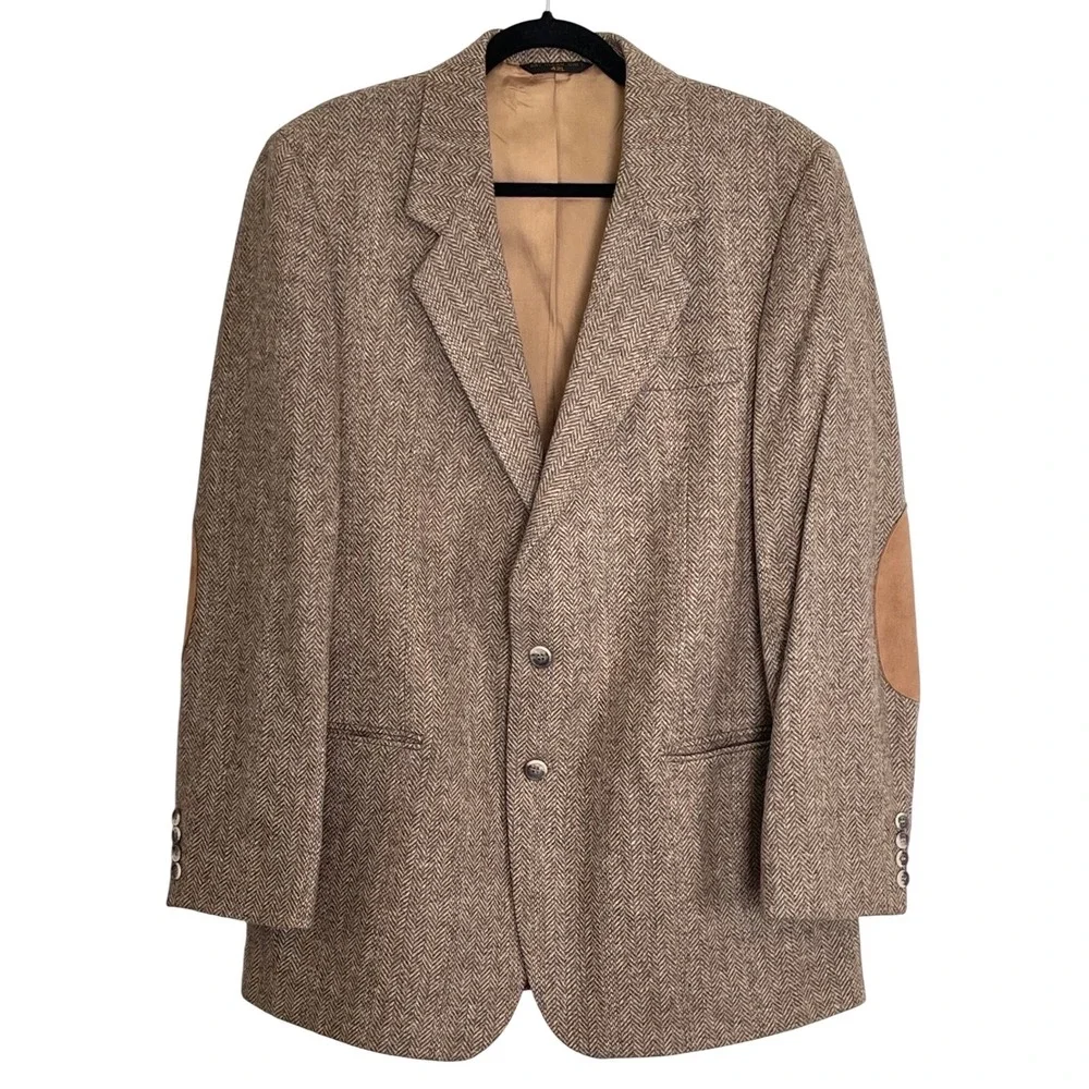 VTG Gallery by Haggar Mens 42L Brown Herringbone Pure Wool Blazer Elbow Patches